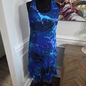 Simply Silk Dress Womens L Fairy Whimsy Feminine Vintage Blues Color Scheme